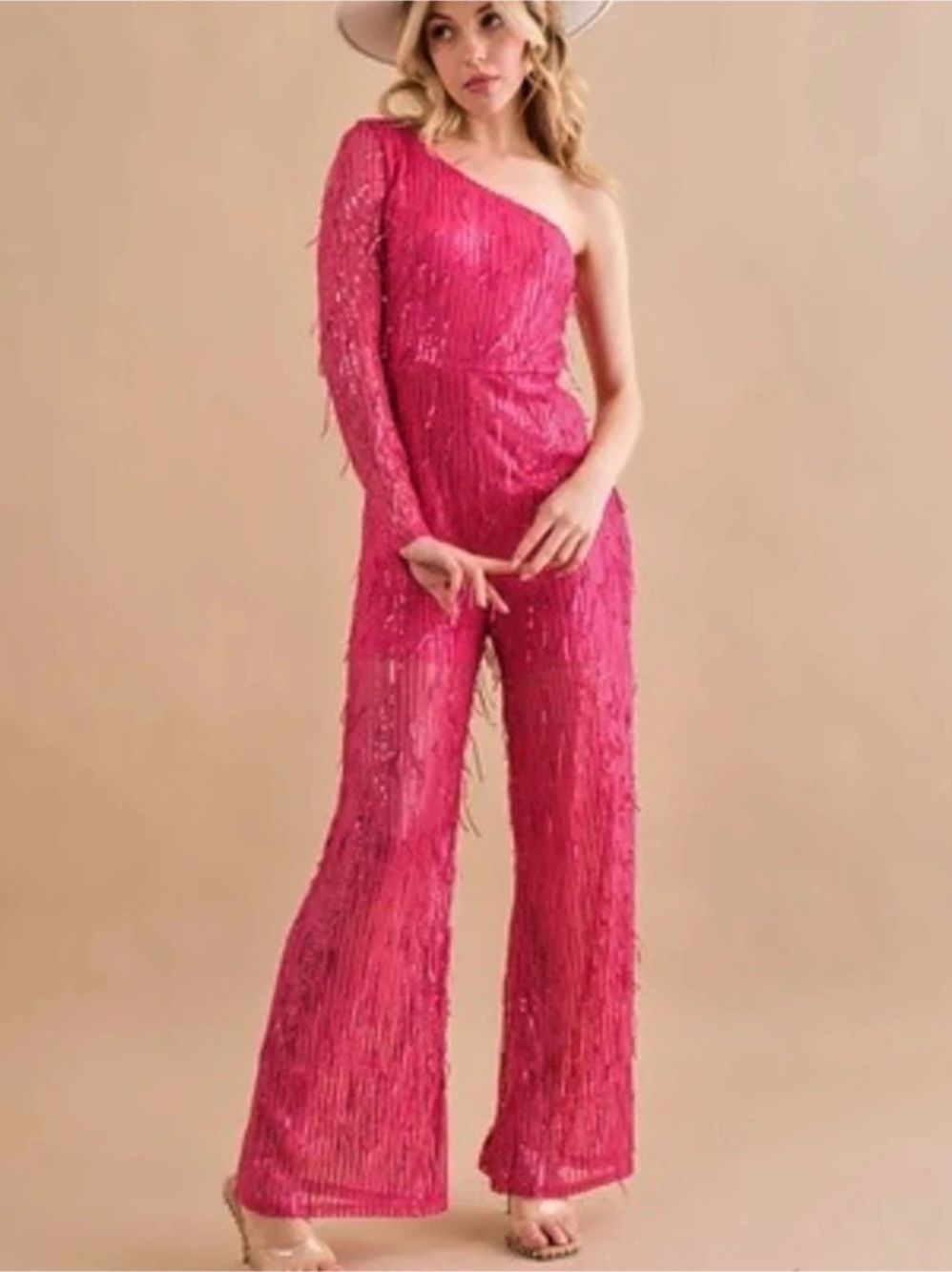 Pink One-Shoulder Sequin Jumpsuit